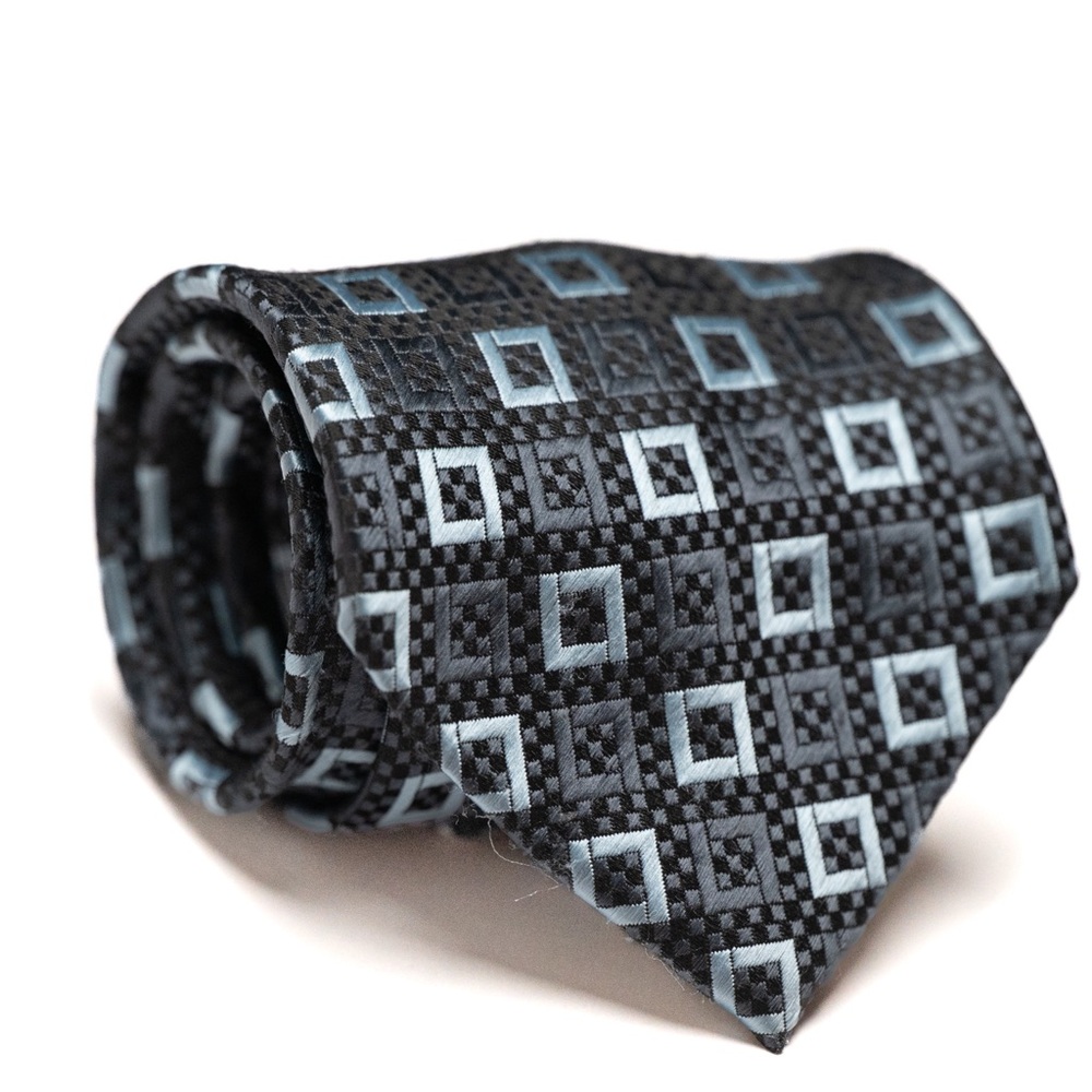 Sergio Ferno Navy and Sky Blue‎ Geometric Patterned Silk Necktie, EUC